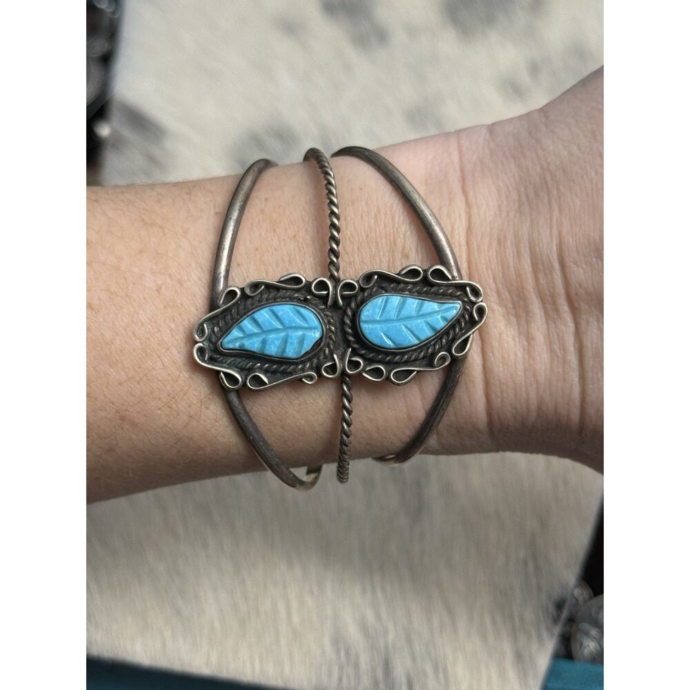 Native American Sterling Silver Carved Turquoise Double Feather Cuff Bracelet